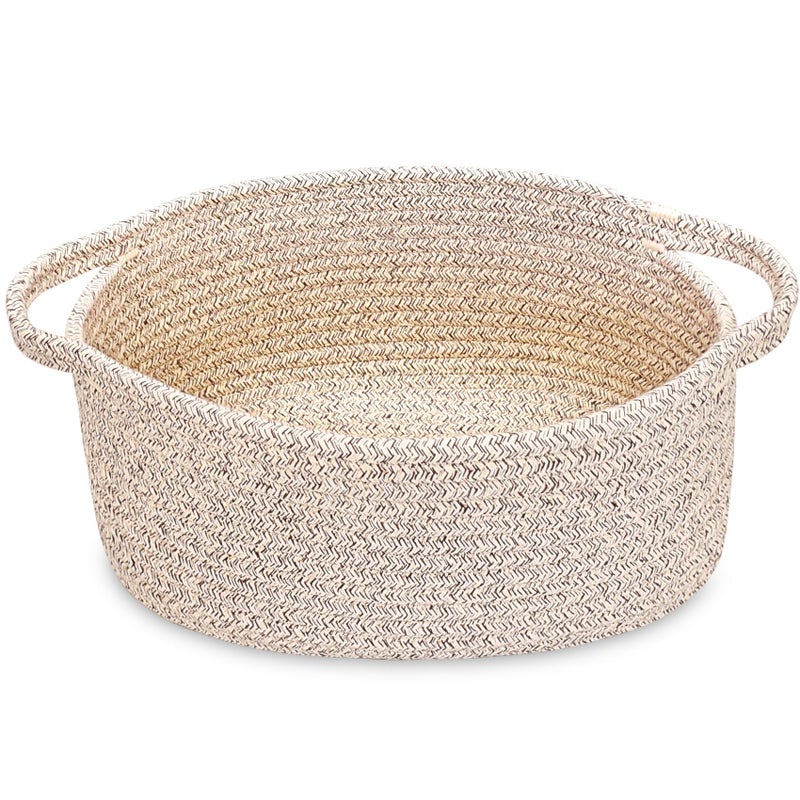 ABenkle Small Woven Basket 12"x 8"x 5" - Rope Room Shelf Storage, Cat Dog Toys Chest Box, Decorative Empty Gift With Handles - All Mixed Brown - Image 1