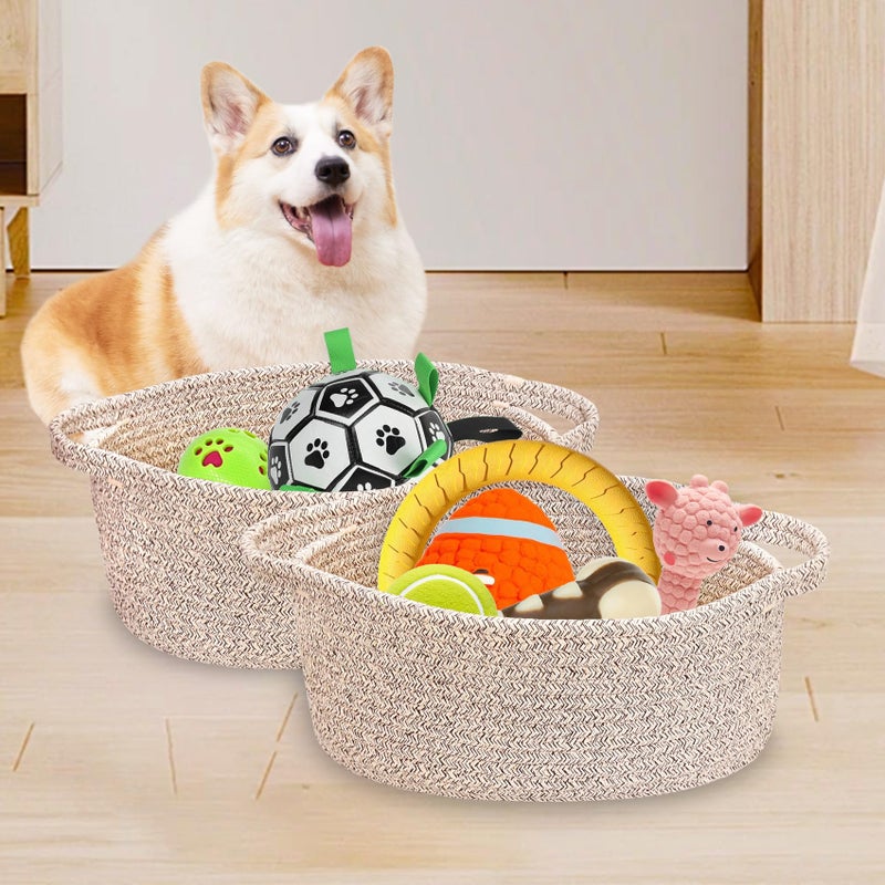 ABenkle Small Woven Basket 12"x 8"x 5" - Rope Room Shelf Storage, Cat Dog Toys Chest Box, Decorative Empty Gift With Handles - All Mixed Brown - Image 3