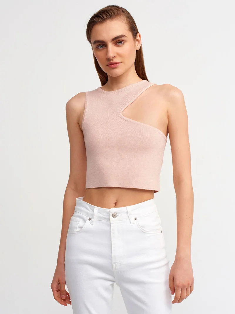 Dilvin 10173 Crew Neck Front Low-cut Collar Sweater-Pink M.