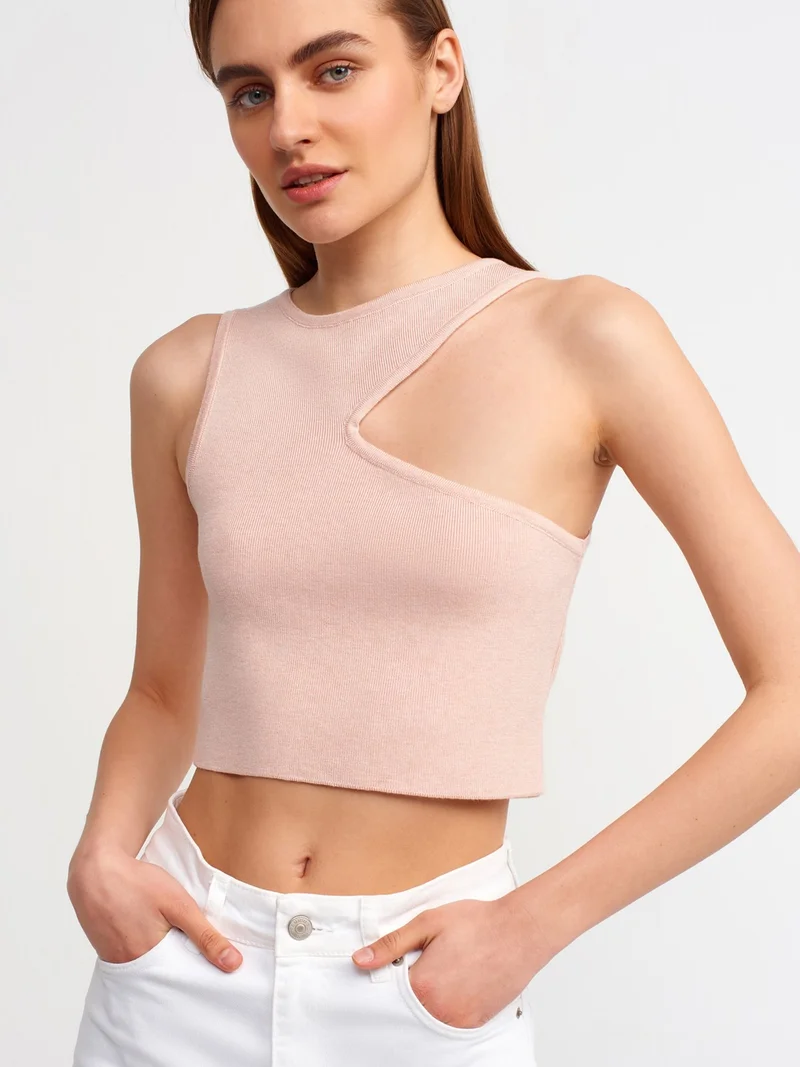 Dilvin 10173 Crew Neck Front Low-cut Collar Sweater-Pink M.