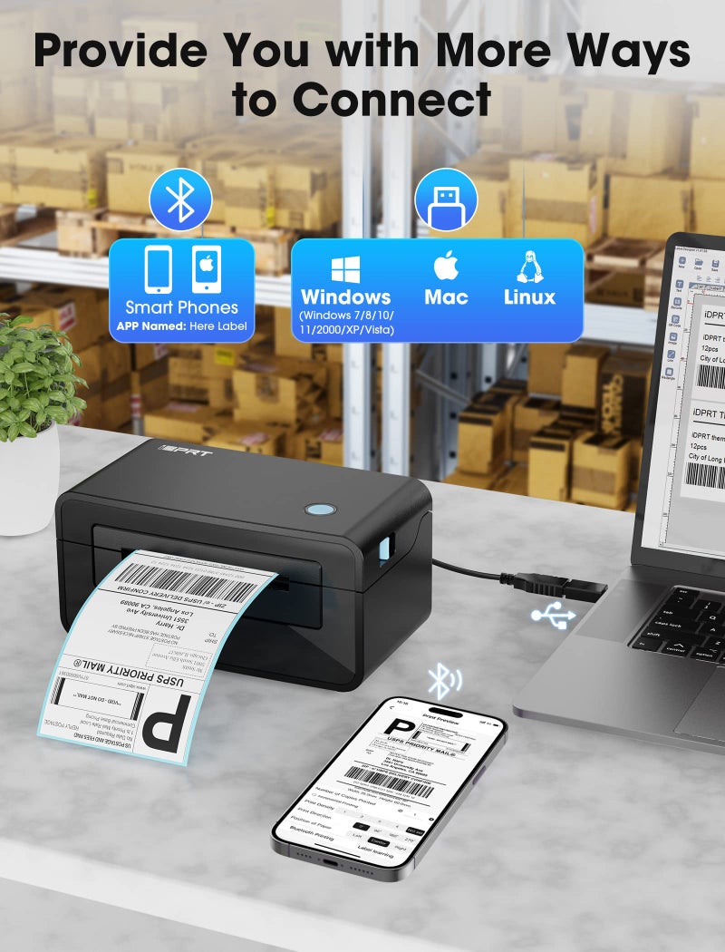 iDPRT Bluetooth Thermal Shipping Label Printer for Phone, 4x6, Supports Windows/Mac/iOS/Android, Ideal for Small Business and Shipping Packages - Image 2