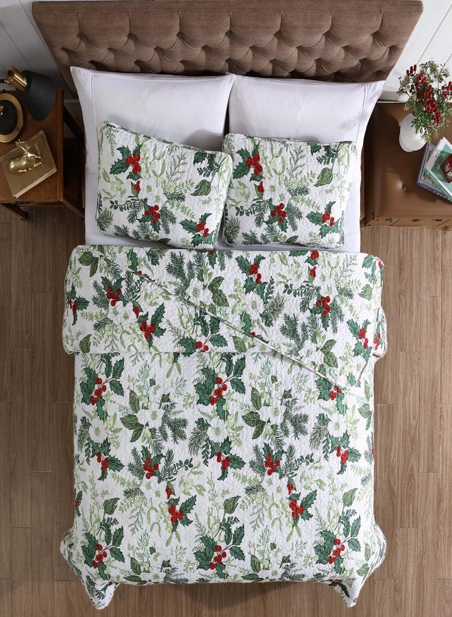 بياتريس هوم فاشونز طقم لحاف خفيف الوزن من بياتريس هوم فاشنز، مقاس كامل/كوين، بنقشة باقة خضراء، توت هولي، أخضر، أبيض، أحمر - Image 4
