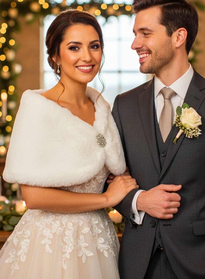 Aukmla Wedding Party Fur Wraps and Shawls Bridal Fur Stole Sleeveless Faux Fur Shawl with Stunning Rhinestones Brooch (White) - Image 4