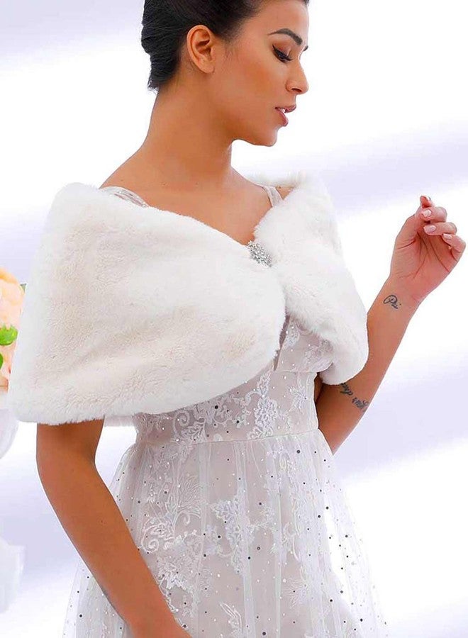 Aukmla Wedding Party Fur Wraps and Shawls Bridal Fur Stole Sleeveless Faux Fur Shawl with Stunning Rhinestones Brooch (White) - Image 5