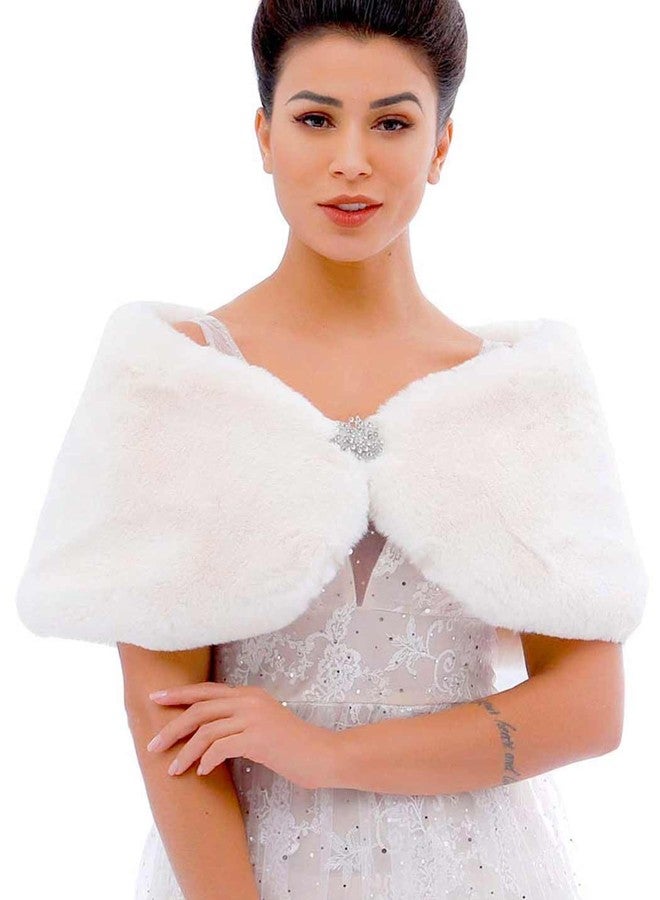 Aukmla Wedding Party Fur Wraps and Shawls Bridal Fur Stole Sleeveless Faux Fur Shawl with Stunning Rhinestones Brooch (White) - Image 1