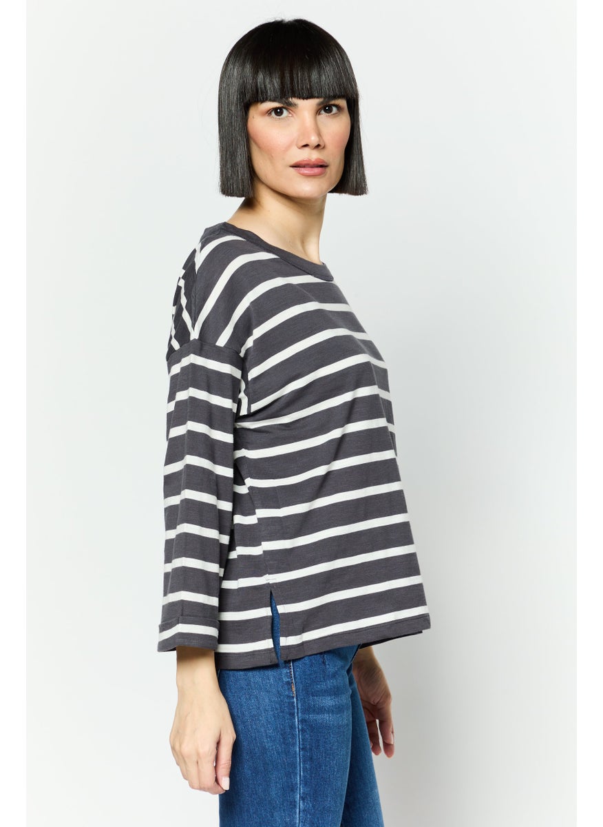 ESPRIT Women Round Neck Long Sleeve Stripe Top, Grey  - Image 2