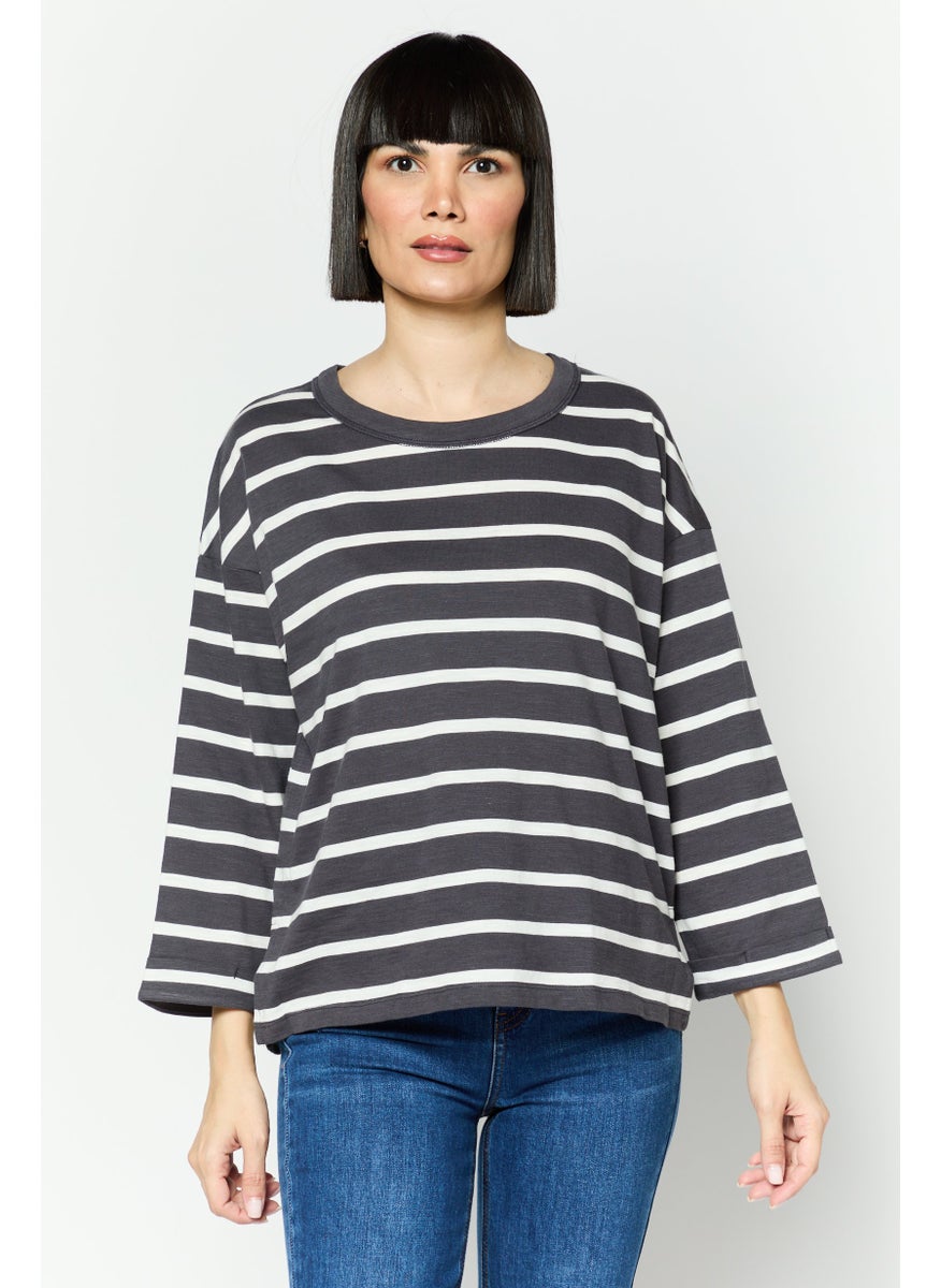 ESPRIT Women Round Neck Long Sleeve Stripe Top, Grey  - Image 1