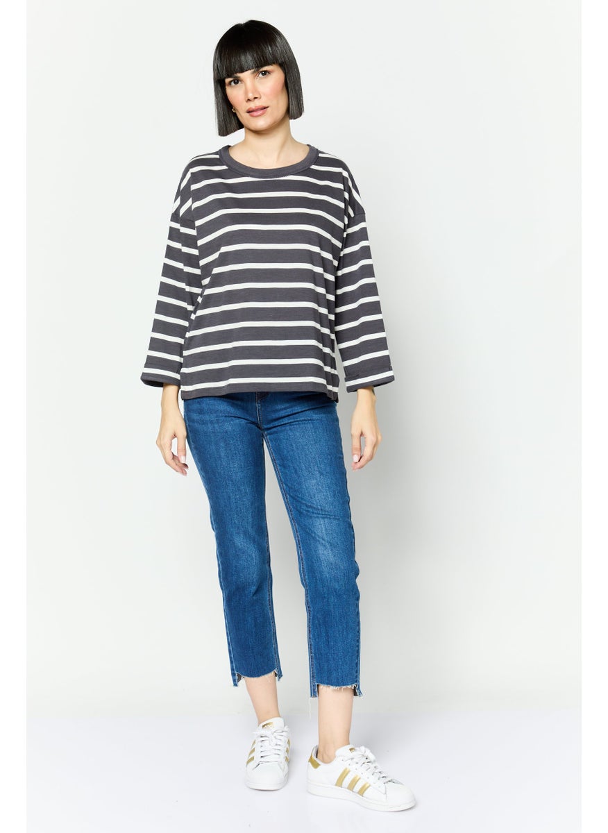ESPRIT Women Round Neck Long Sleeve Stripe Top, Grey  - Image 3