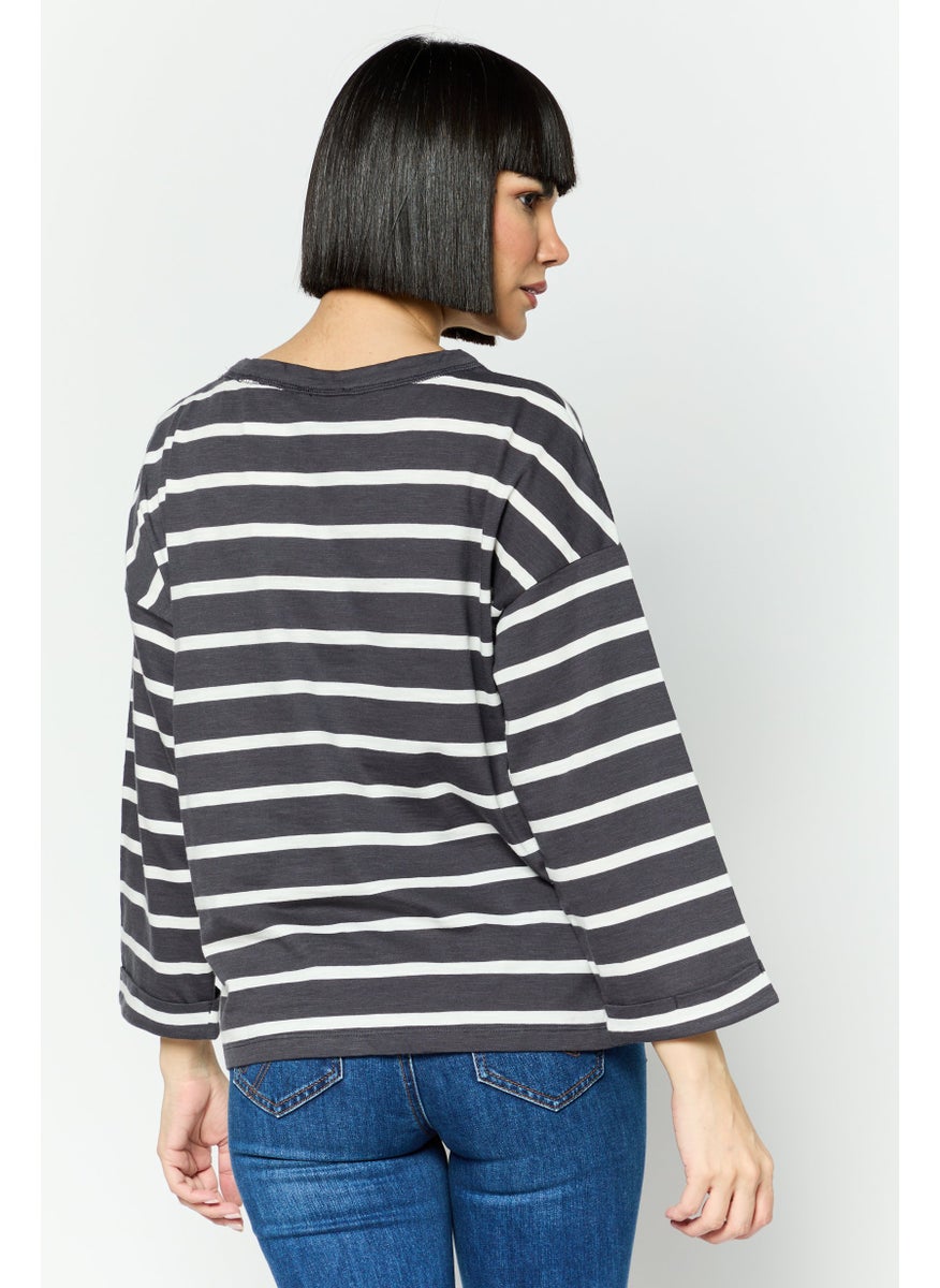 ESPRIT Women Round Neck Long Sleeve Stripe Top, Grey  - Image 4