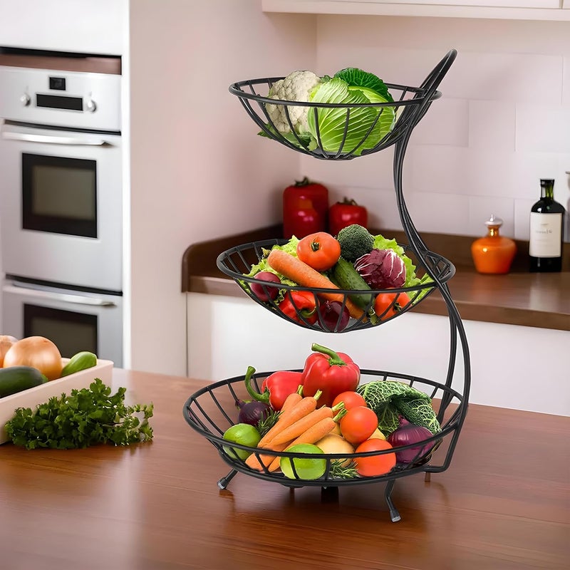 Kuber Industries Metal 3Layer Basket Organizer for Kitchen Aalu Pyajonion Storage Basket Circular Countertop Side Stand Black - Image 2