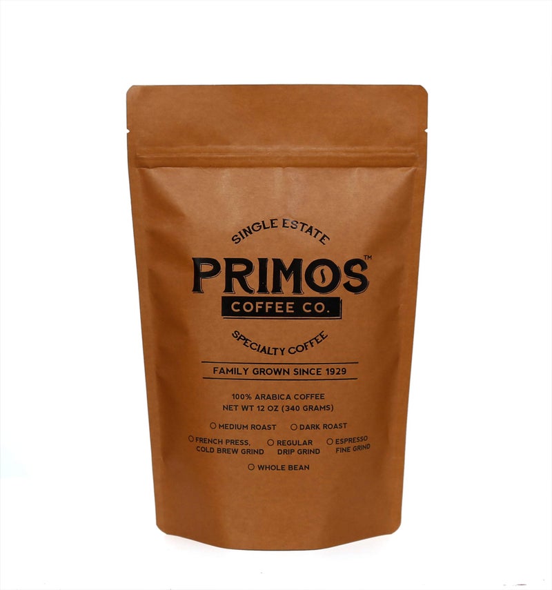 Primos Coffee Co. قهوة فرنسية مضغوطة، مطحونة خشن، برموس كوفي كو (تحميص متوسط، 12 أونصة) - Image 1