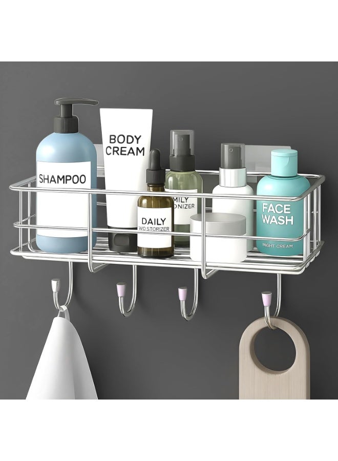Plantex Stainless Steel Self Adhesive Bathroom Shelf/No Drill Bathroom Organizer with Hooks/Washroom Shelf- Pack of 1(Chrome) - Image 1