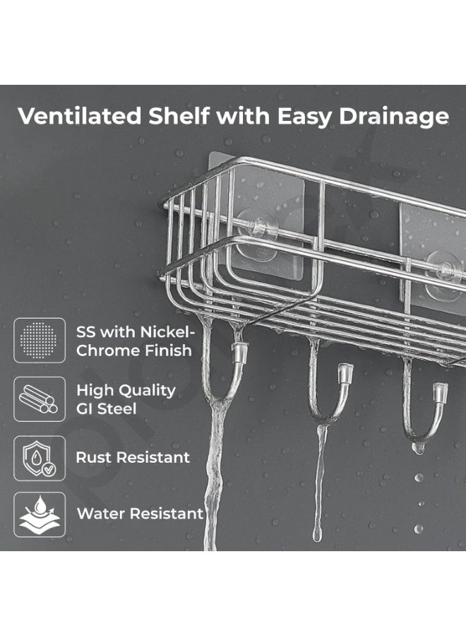 Plantex Stainless Steel Self Adhesive Bathroom Shelf/No Drill Bathroom Organizer with Hooks/Washroom Shelf- Pack of 1(Chrome) - Image 2