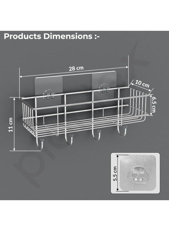 Plantex Stainless Steel Self Adhesive Bathroom Shelf/No Drill Bathroom Organizer with Hooks/Washroom Shelf- Pack of 1(Chrome) - Image 3