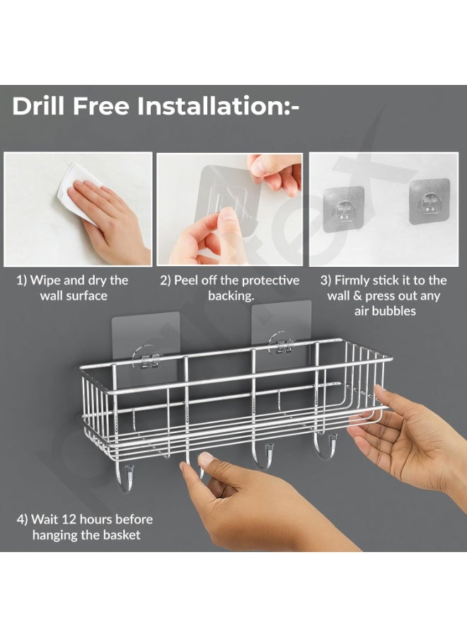 Plantex Stainless Steel Self Adhesive Bathroom Shelf/No Drill Bathroom Organizer with Hooks/Washroom Shelf- Pack of 1(Chrome) - Image 4