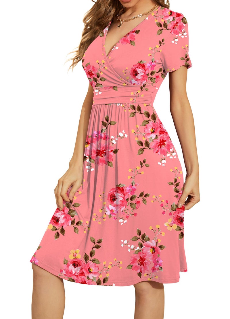 WEACZZY Womens Summer Short Dress Midi Dress Empire Waist Dresses for Women Flowy Dress Floral Sundress with Pockets,Floral Pink,L - Image 2