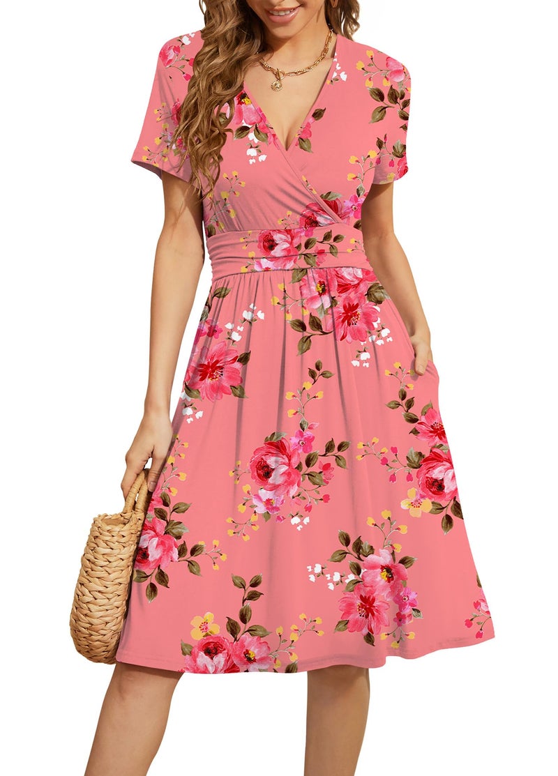 WEACZZY Womens Summer Short Dress Midi Dress Empire Waist Dresses for Women Flowy Dress Floral Sundress with Pockets,Floral Pink,L - Image 1
