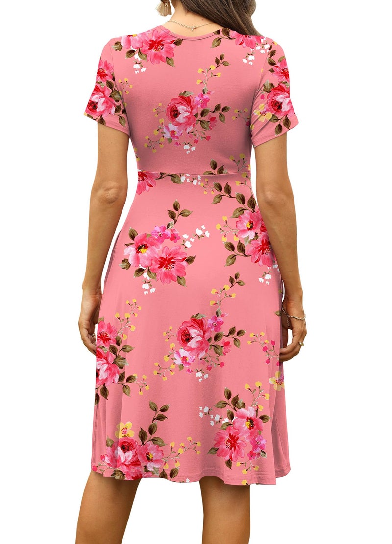 WEACZZY Womens Summer Short Dress Midi Dress Empire Waist Dresses for Women Flowy Dress Floral Sundress with Pockets,Floral Pink,L - Image 4