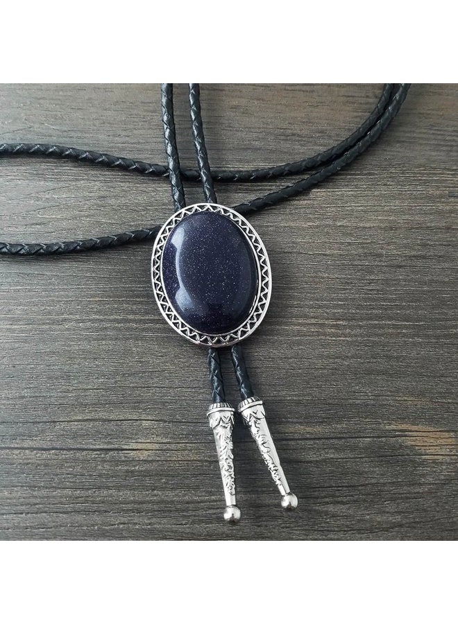 QUKE Stone Bolo Tie Native Western Cowboy Hand-woven Leather Bola Tie Necktie for Men Women, Dark Blue, Overall - Image 2