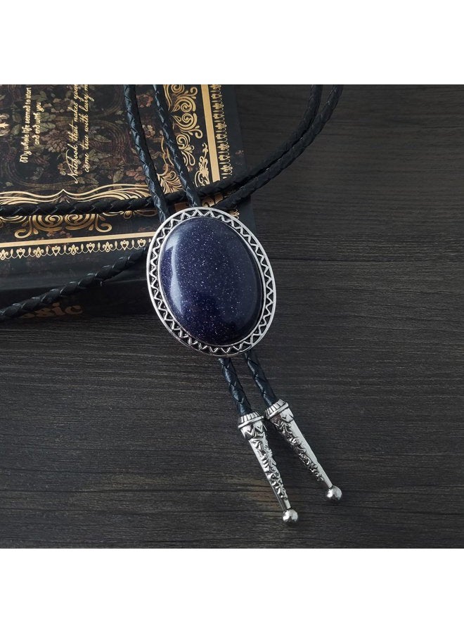 QUKE Stone Bolo Tie Native Western Cowboy Hand-woven Leather Bola Tie Necktie for Men Women, Dark Blue, Overall - Image 3