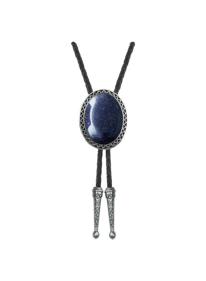 QUKE Stone Bolo Tie Native Western Cowboy Hand-woven Leather Bola Tie Necktie for Men Women, Dark Blue, Overall - Image 1