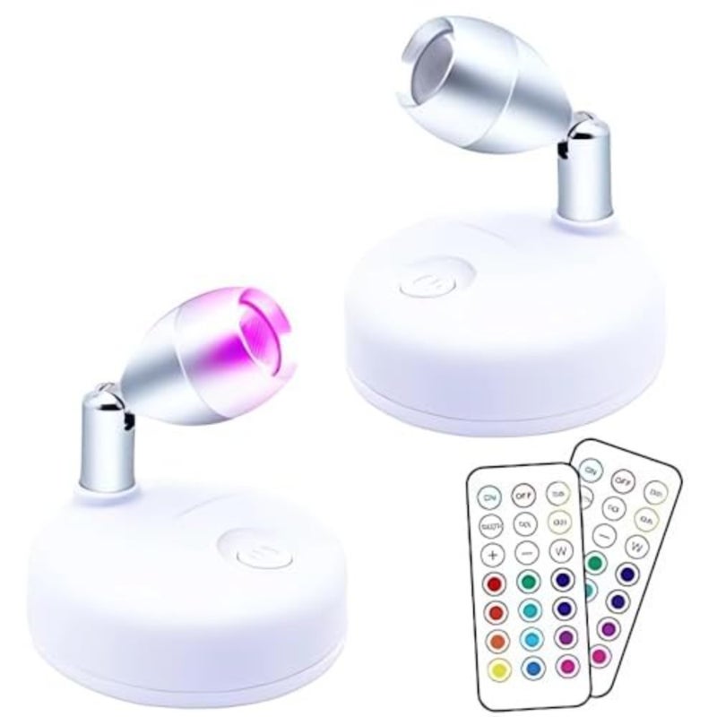 Wireless LED Spotlight Indoor, 2 PCS Battery Operated Spotlight, Accent Lights with Remote Control, Small LED Light, Dimmable Rotatable Uplights Indoor for Paintings, Statues and Home Decor - Image 1