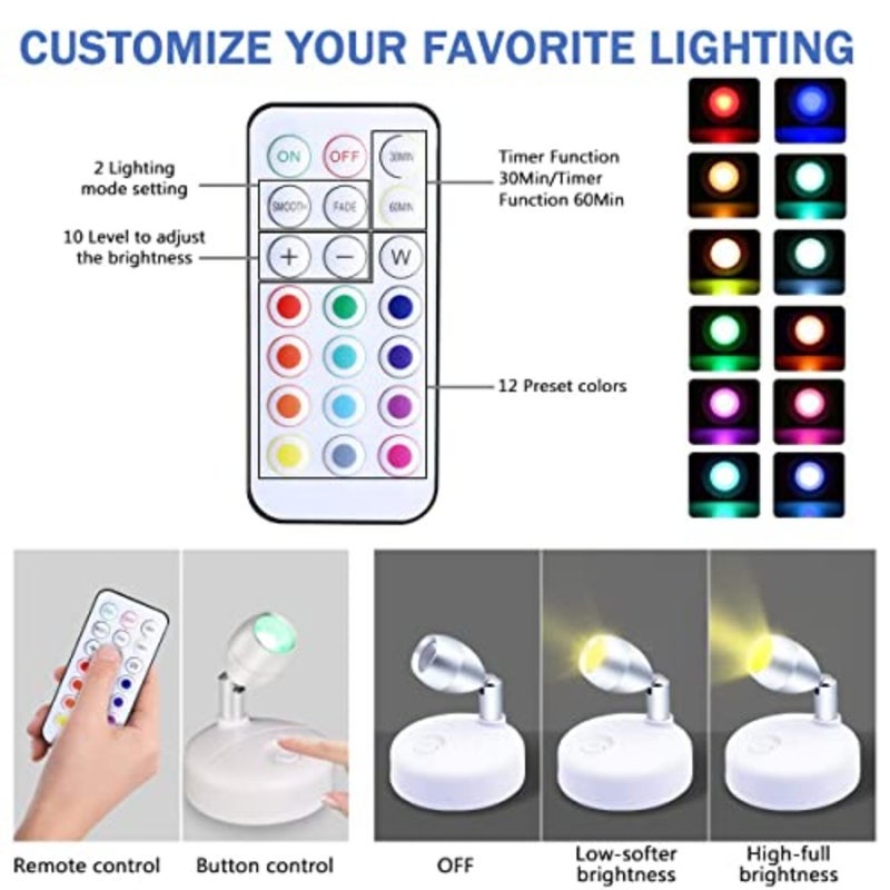 Wireless LED Spotlight Indoor, 2 PCS Battery Operated Spotlight, Accent Lights with Remote Control, Small LED Light, Dimmable Rotatable Uplights Indoor for Paintings, Statues and Home Decor - Image 5