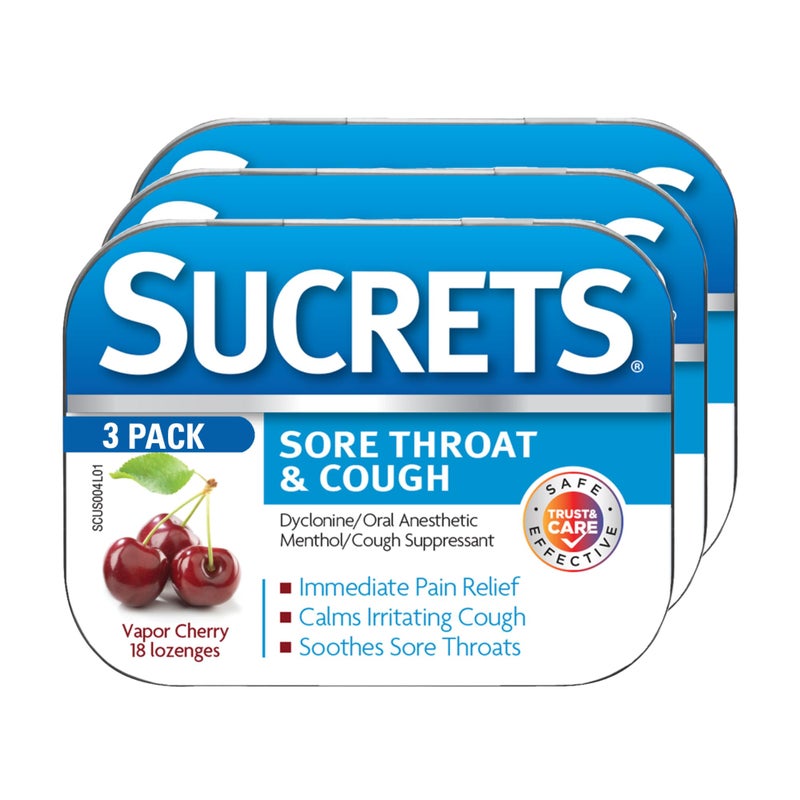 Sucrets Sucrets Lozenges Sore Throat Cough Vapor Cherry 18 ct Pack of 3