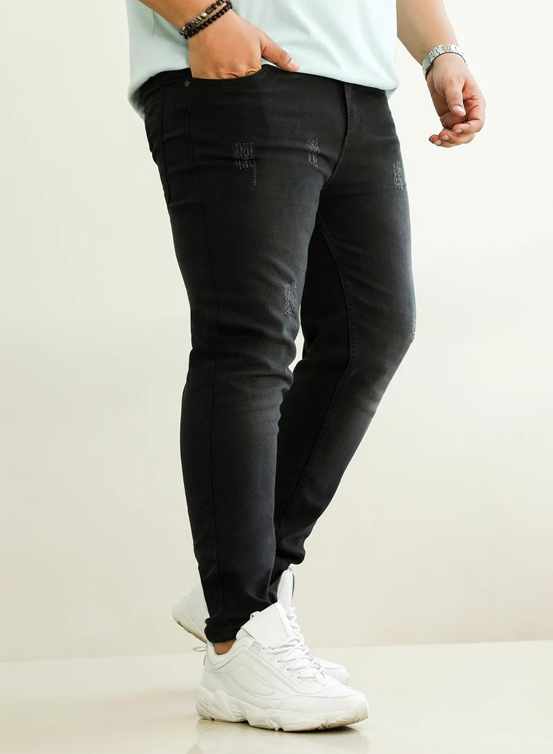 Instafab Plus  Instafab Plus Men's Onyx Black Dark-Wash Distressed Denim Jeans For Casual Wear | Mid-Rise | Skinny Fit | Button Closure | Plus Size Denim Jeans Crafted With Comfort Fit For Everyday Wear for Men | Best Price UAE