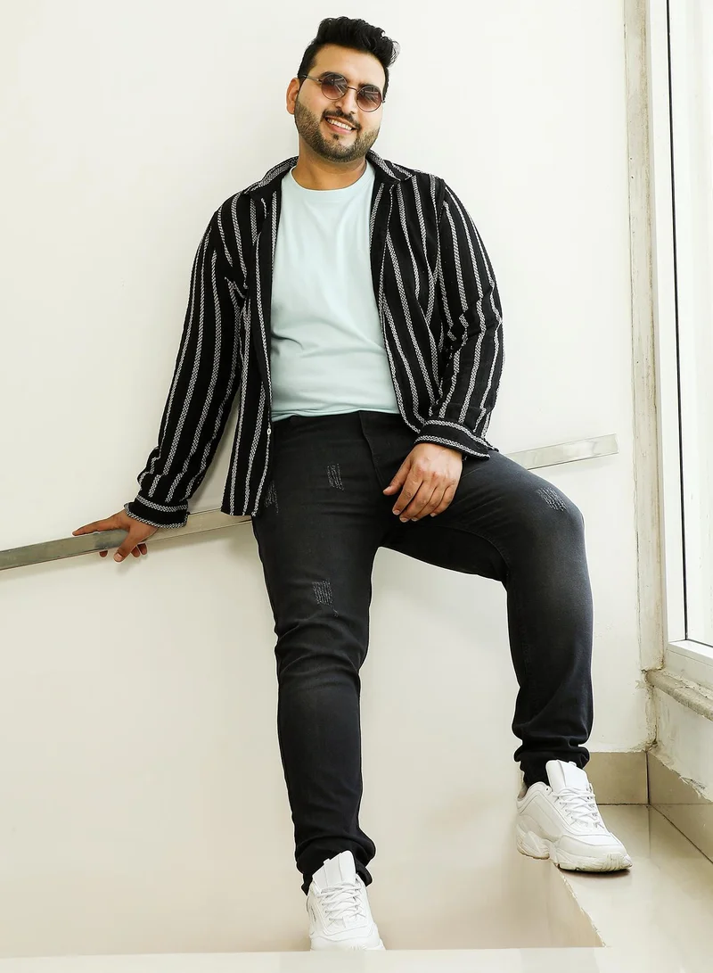 Instafab Plus  Instafab Plus Men's Onyx Black Dark-Wash Distressed Denim Jeans For Casual Wear | Mid-Rise | Skinny Fit | Button Closure | Plus Size Denim Jeans Crafted With Comfort Fit For Everyday Wear for Men | Best Price UAE
