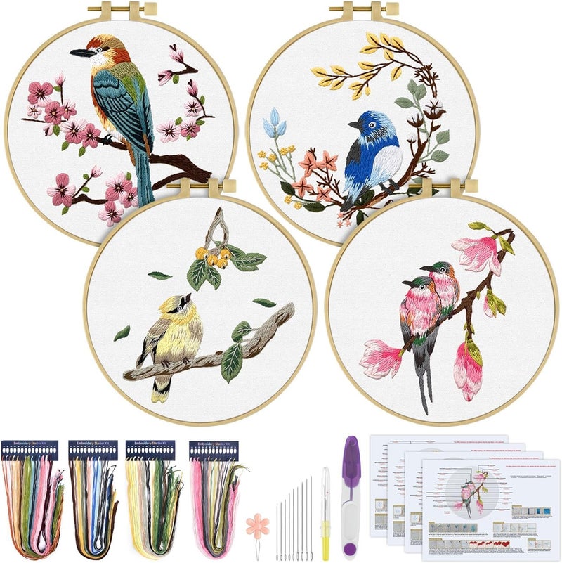 ERKOON 4 Sets Embroidery Kit for Beginners,Hummingbird and Flower Cross Stitch Set for Include Embroidery Cloth Hoops Threads for Craft Lover Hand Stitch (Flowers and Birds) - Image 1