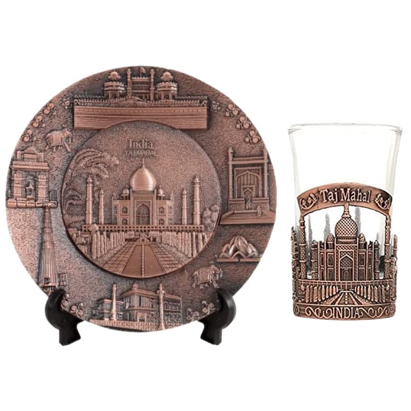 POCKTOWN INTERNATIONAL POCKTOWN INTERNATIONAL Gift Items for Home Decoration Dinning Plate Taj Mahal Gift India Souvenir Gifts India Showpiece Decorative Items Foreign Friends Handcrafted Gift Brown two piece plate shot glass combo - Image 1