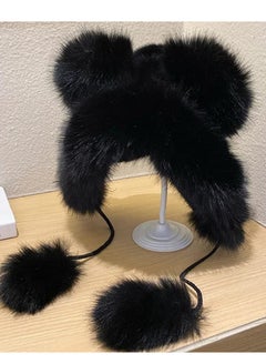 Women Winter Warm Kawaii Fox Fur Imitation Mink Plush Hat Thickened Cute Bear Ear Japanese Bomber Hat Black