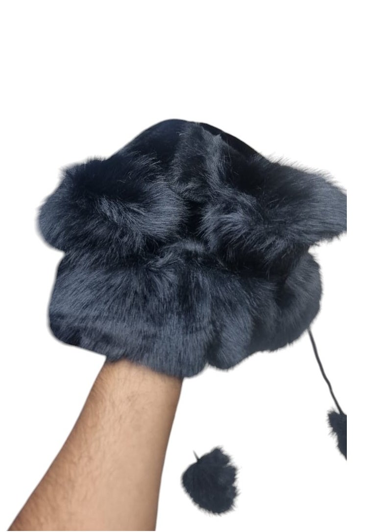 Generic - Women Winter Warm Kawaii Fox Fur Imitation Mink Plush Hat Thickened Cute Bear Ear Japanese Bomber Hat Black - Image 1