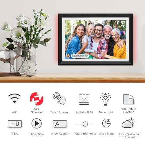 akimart إطار صور رقمي FRAMEO بحجم 10.1 بوصة وذاكرة 32 جيجابايت مع ضوء LED، شاشة لمس IPS LCD بدقة 1280x800، دوران تلقائي للصور العمودية والأفقية، تخزين 32 جيجابايت، مشاركة اللحظات على الفور عبر تطبيق FRAMEO من أي مكان - Image 2