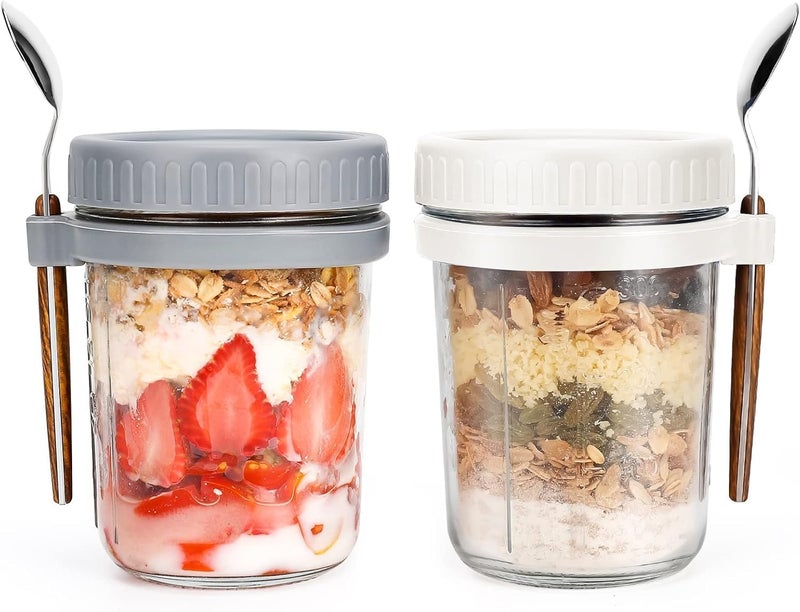 MsAnya 2PCS 350ml Overnight Oats Container with Lid and Spoon, Oats Jars, Breakfast Container, Cereal, Milk and Fruit Salad Storage Container with Measurement Marks - Image 1