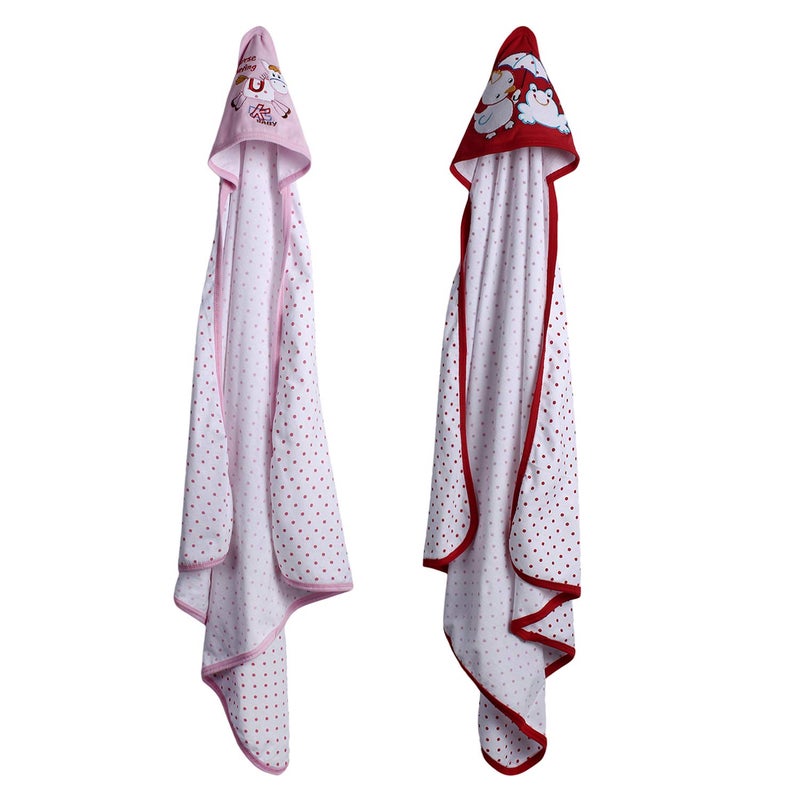 superminis Cotton Single Layered Polka Dot Printed Blanket Cum Wrapping Sheet Cum Baby Towel with Embroidered Hood for Babies (Pack of 2, Red/Pink) - Image 1