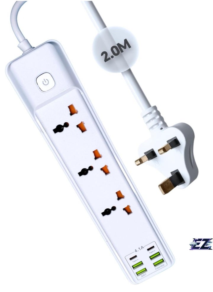 ELTRAZONE 2M Extension Cord with 3 Sockets, 4 USB Ports & 2 Type-C Ports – UK Plug 3 Pin Power Extension Lead for Home, Kitchen & Office (White)  - Image 1