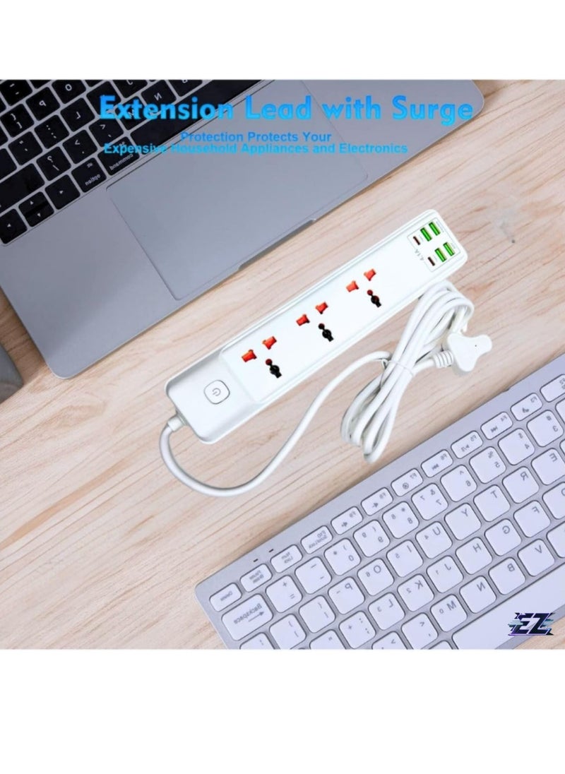 ELTRAZONE 2M Extension Cord with 3 Sockets, 4 USB Ports & 2 Type-C Ports – UK Plug 3 Pin Power Extension Lead for Home, Kitchen & Office (White)  - Image 2