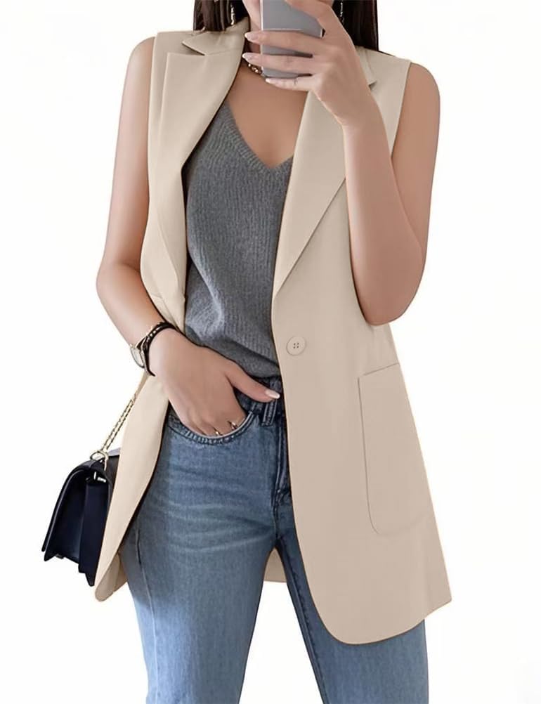 IDEALSANXUN Long Vest for Women Sleeveless Blazer 2026 Spring Jackets Lightweight Summer Suit Vest Tops Business Casual Outfits, Khaki, M - Image 1