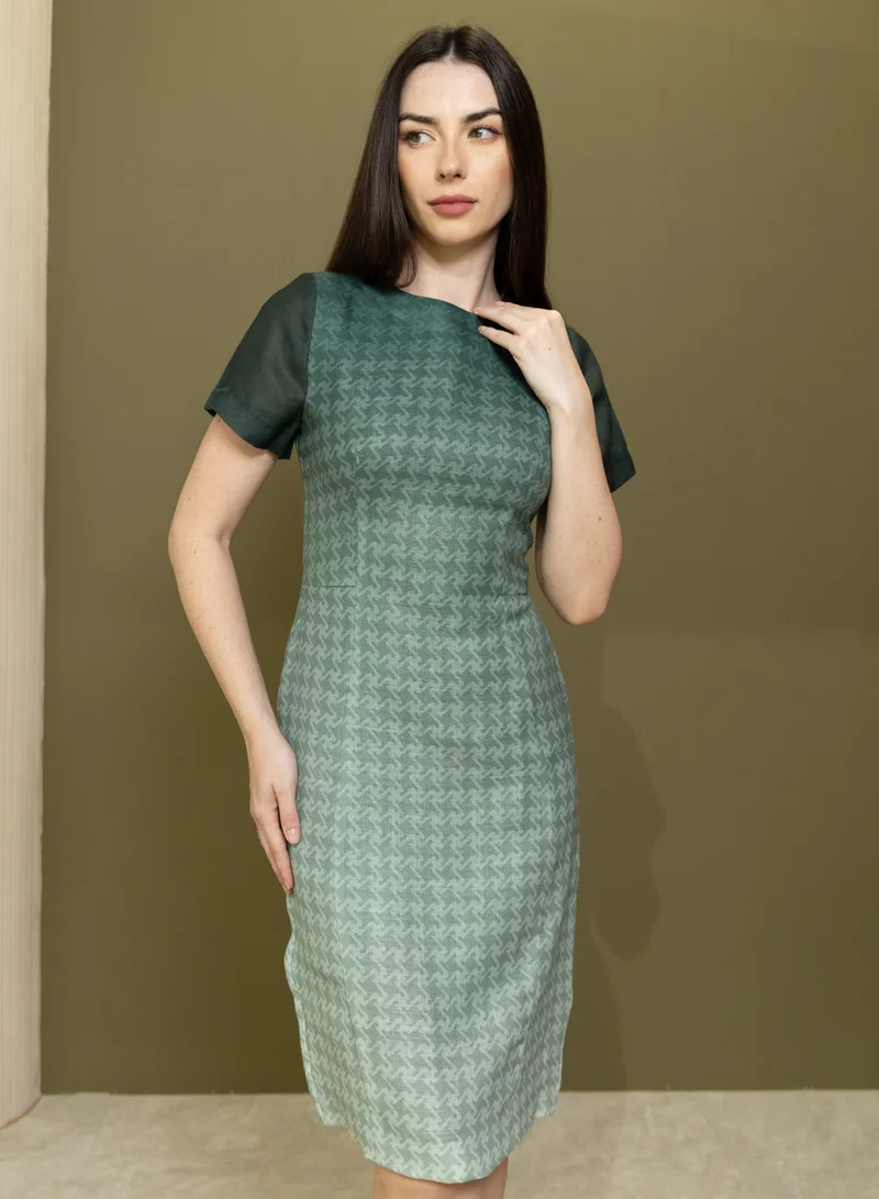 Lalele Ombré Houndstooth Linen Dress in Green