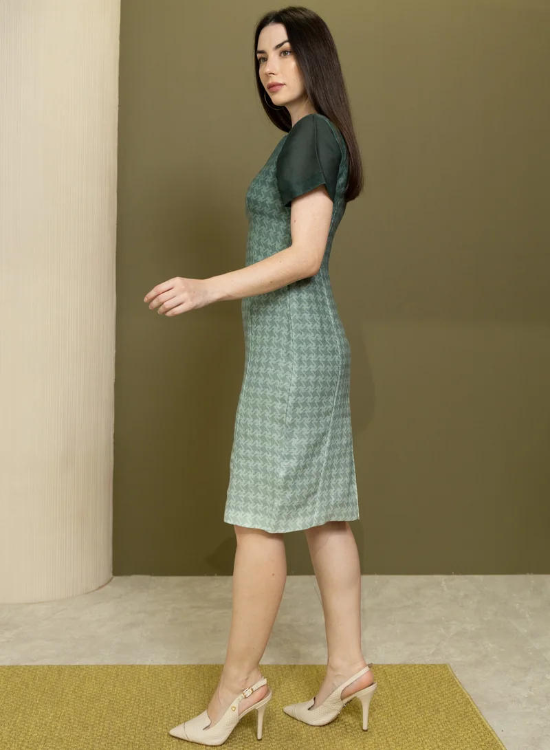 Lalele Ombré Houndstooth Linen Dress in Green
