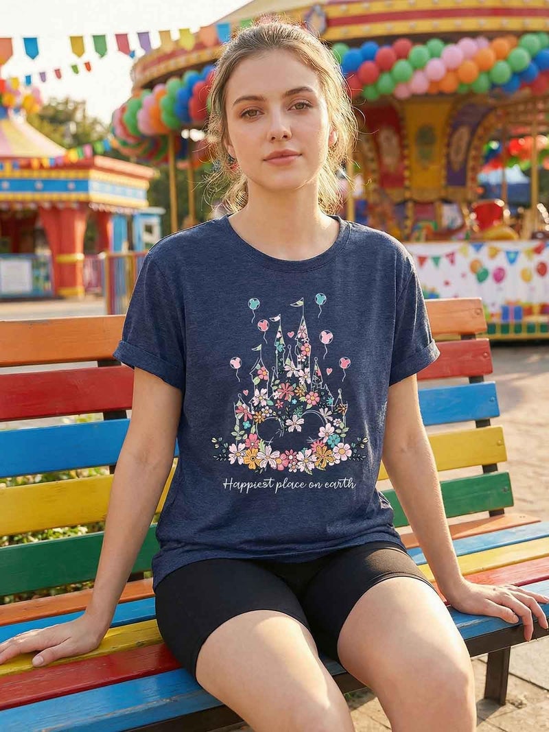 Frizty Magical Shirt for Women Happiest Place On Earth T-Shirt Balloon Flower Graphic Short Sleeve Tops Holiday Tee - Image 3