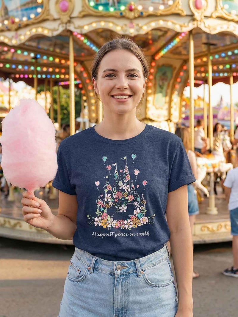 Frizty Magical Shirt for Women Happiest Place On Earth T-Shirt Balloon Flower Graphic Short Sleeve Tops Holiday Tee - Image 4