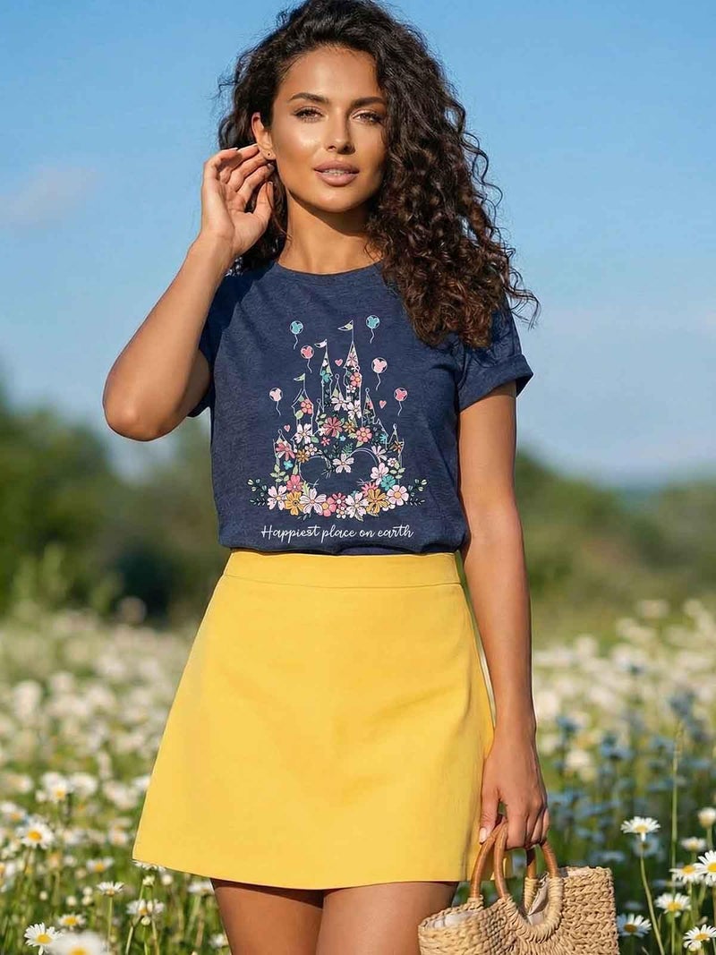 Frizty Magical Shirt for Women Happiest Place On Earth T-Shirt Balloon Flower Graphic Short Sleeve Tops Holiday Tee - Image 5