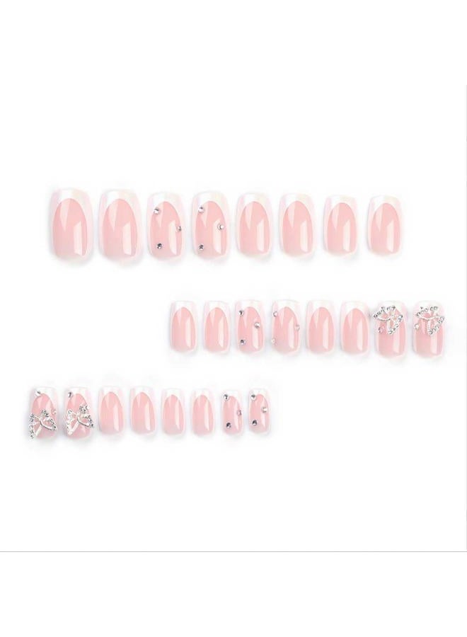 Foccna White Press on Nails Medium Long Rhinestone Fake Nails Square Bling Glossy 3D Butterfly False Nail Tips Artificial Nails Finger Manicure for Women and Girls,24pcs - Image 2