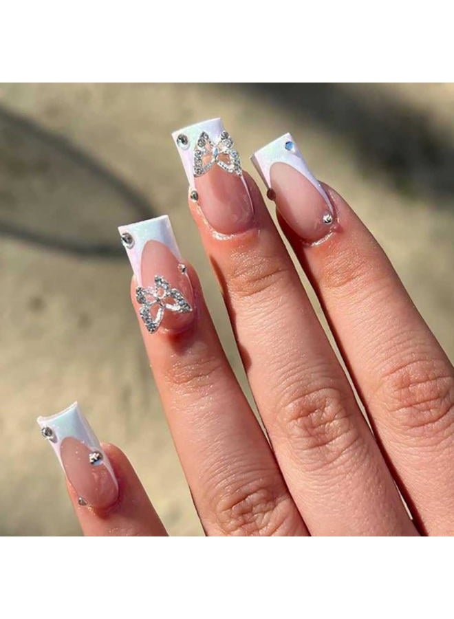 Foccna White Press on Nails Medium Long Rhinestone Fake Nails Square Bling Glossy 3D Butterfly False Nail Tips Artificial Nails Finger Manicure for Women and Girls,24pcs - Image 1