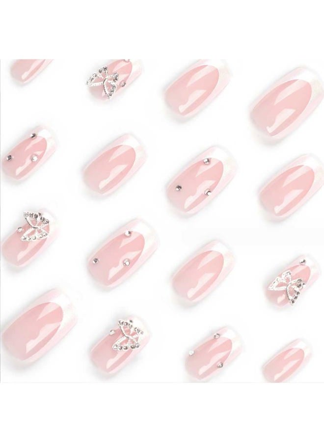 Foccna White Press on Nails Medium Long Rhinestone Fake Nails Square Bling Glossy 3D Butterfly False Nail Tips Artificial Nails Finger Manicure for Women and Girls,24pcs - Image 3