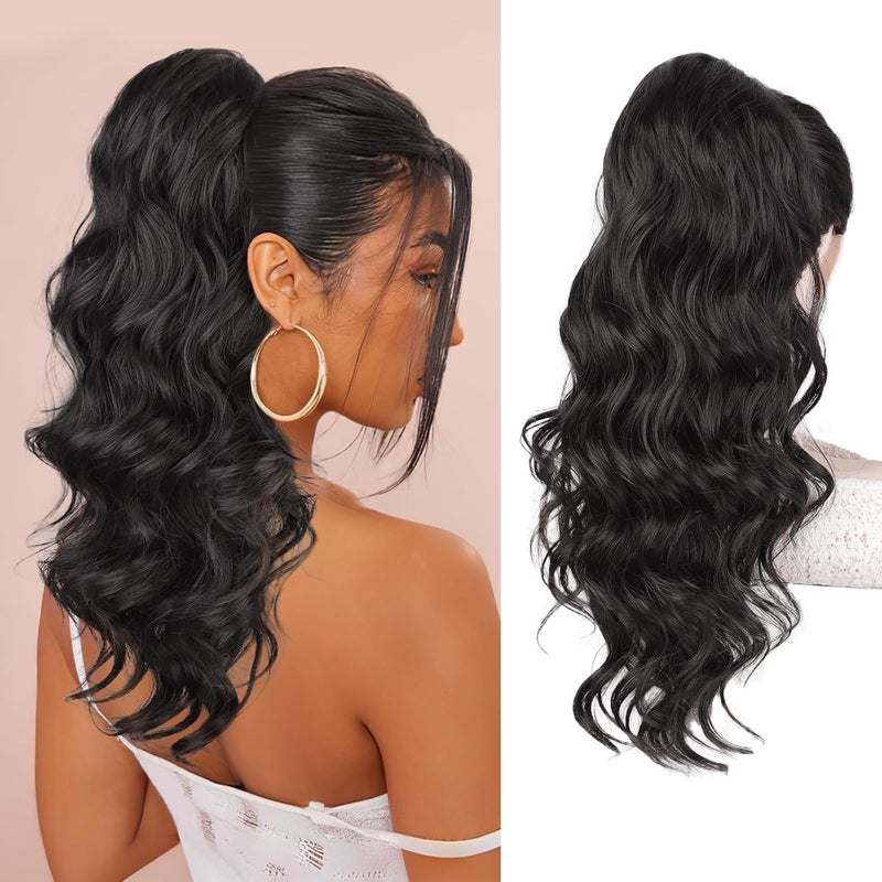 Stamped Glorious Ponytail Extension 22 Long Body Wave Ponytail Synthetic Heat Resistant Drawstring Pony Tail Hairpieces for WomenBlack