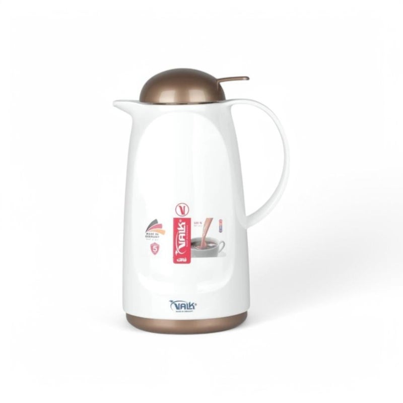VALK German Thermos 1 Liter White Gold Color - Decorative Push-Button Stainless Steel Coffee & Tea Pot, Premium Serveware for Wedding & Home Decor - Image 1